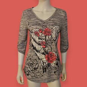 EVER BLUE Y2k Fairycore Lightweight Gray Angel Wing Rose V-Neck Top